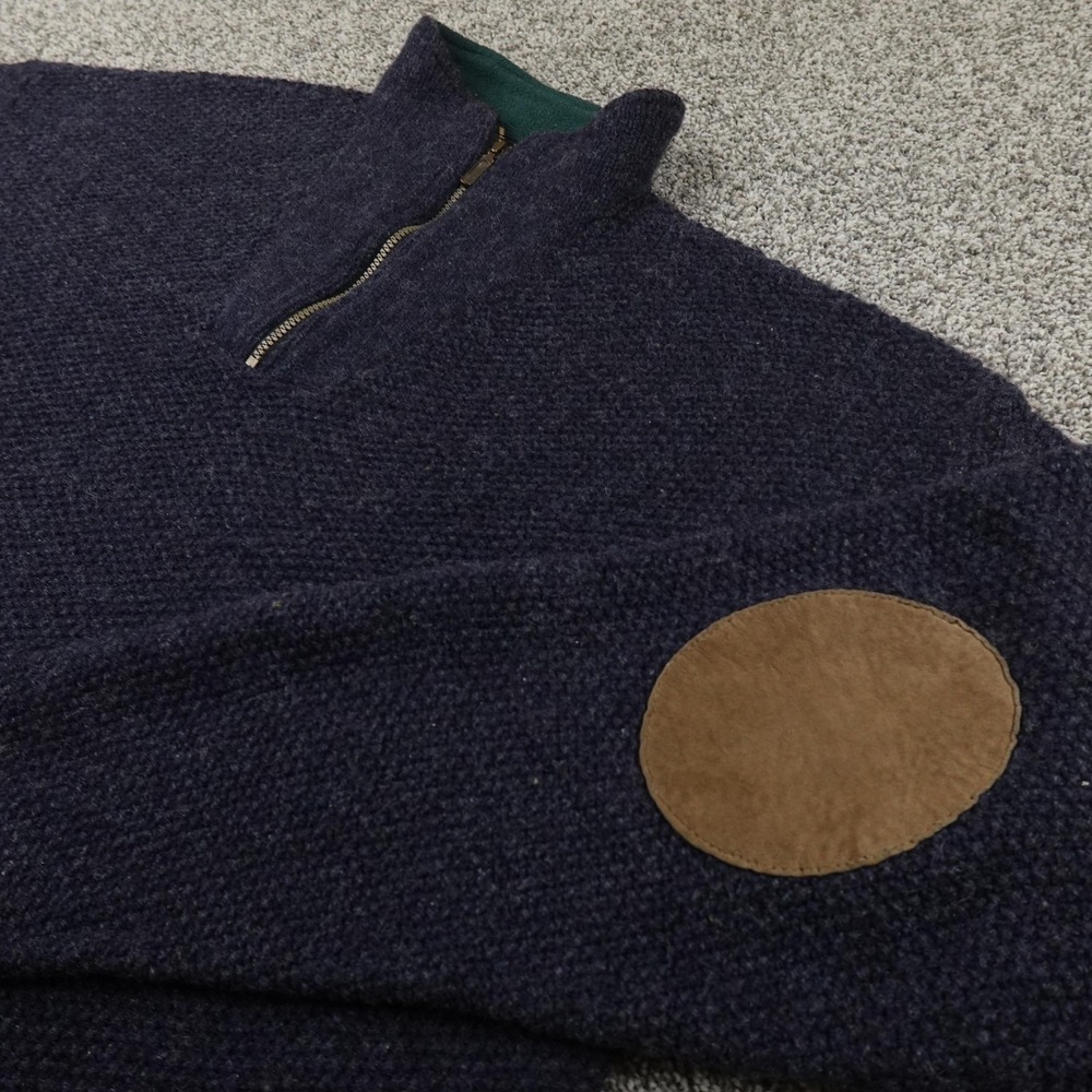 VTG REI Sweater Mens XL Blue Wool Blend Pullover 1/4 Zip Elbow Patches Hike USA
